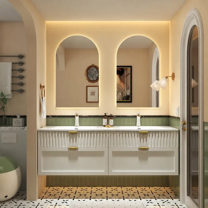 Home Bathroom Vanity Combo - Krem Rengi Banyo Dolabı, Corian Entegre